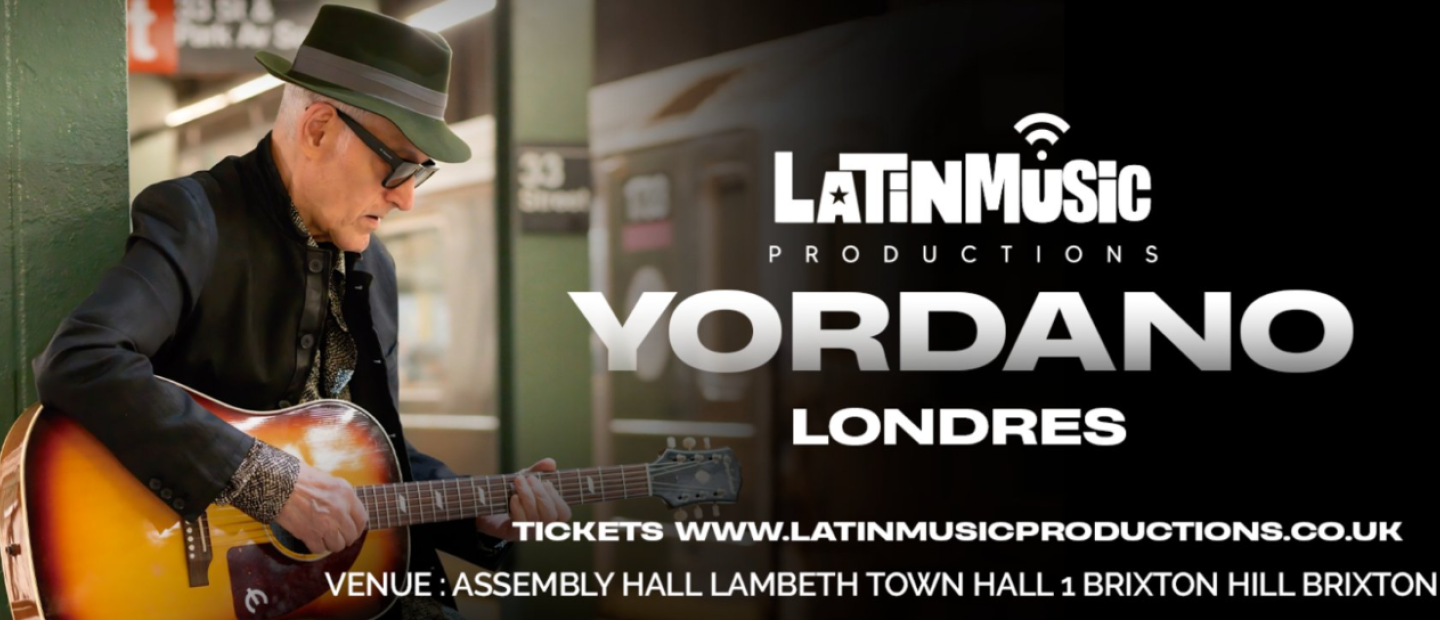 Yordano Latin musician holding a guitar with text about location at Lambeth Assembly Hall