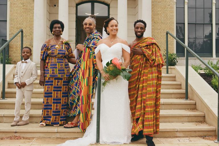 Family wedding photo outside Brockwell Hall