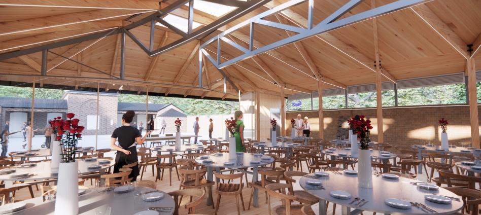 architects impression of main function room in Brockwell Hall, with wooden ceiling and glass panels  once restored